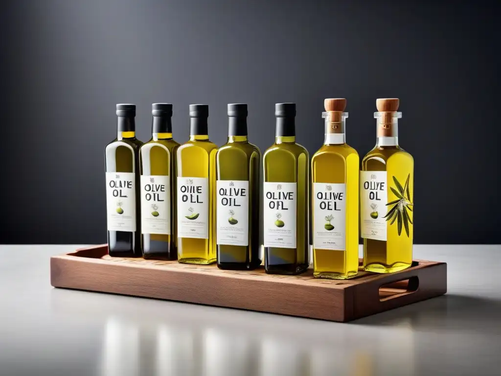 Una elegante cocina con los mejores aceites de oliva para cocina vegana, envueltos en etiquetas coloridas y un ambiente sofisticado