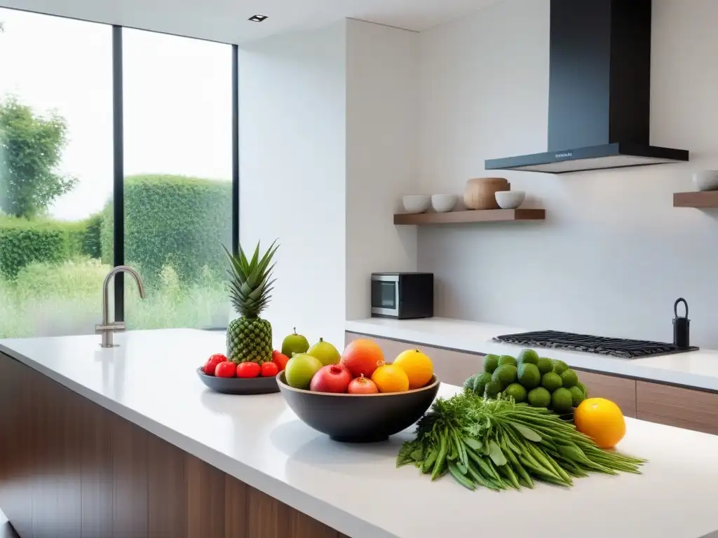 Elegante cocina minimalista con frutas y verduras frescas en un tazón, fusionando minimalismo y veganismo estilo vida