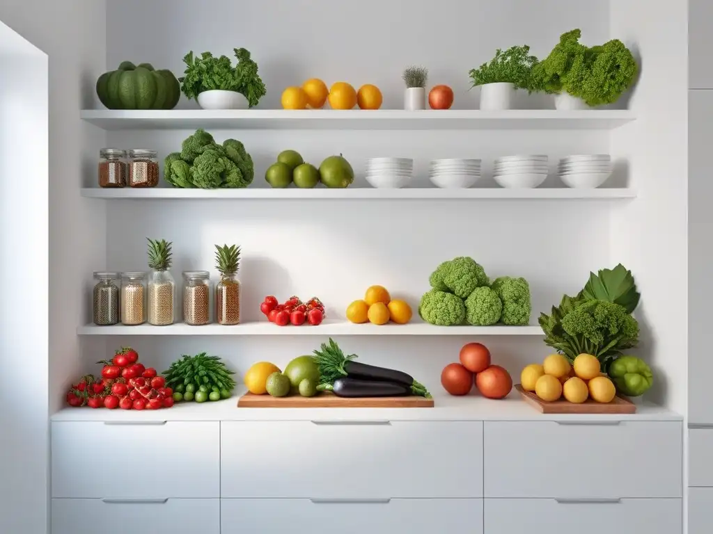 Elegante cocina minimalista con ingredientes veganos esenciales dieta en blanco y negro