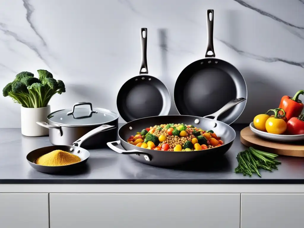 Elegante cocina moderna con baterías de cocina de titanio veganos destacando en la encimera