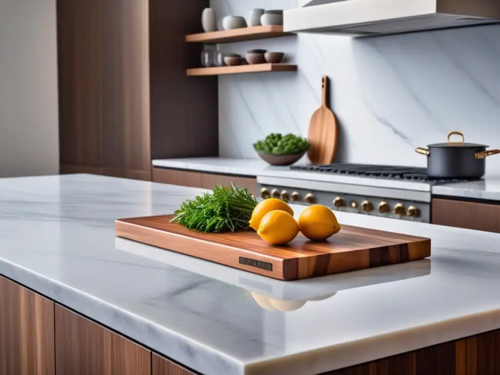 Elegante cocina moderna con tablas de corte Boos Blocks de lujo en encimera de mármol