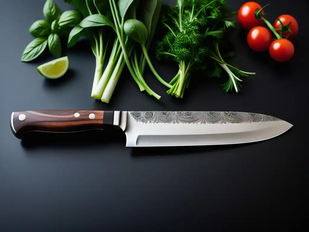 Un elegante cuchillo de chef vegano de acero Damasco sobre una encimera negra, rodeado de hierbas frescas y verduras coloridas