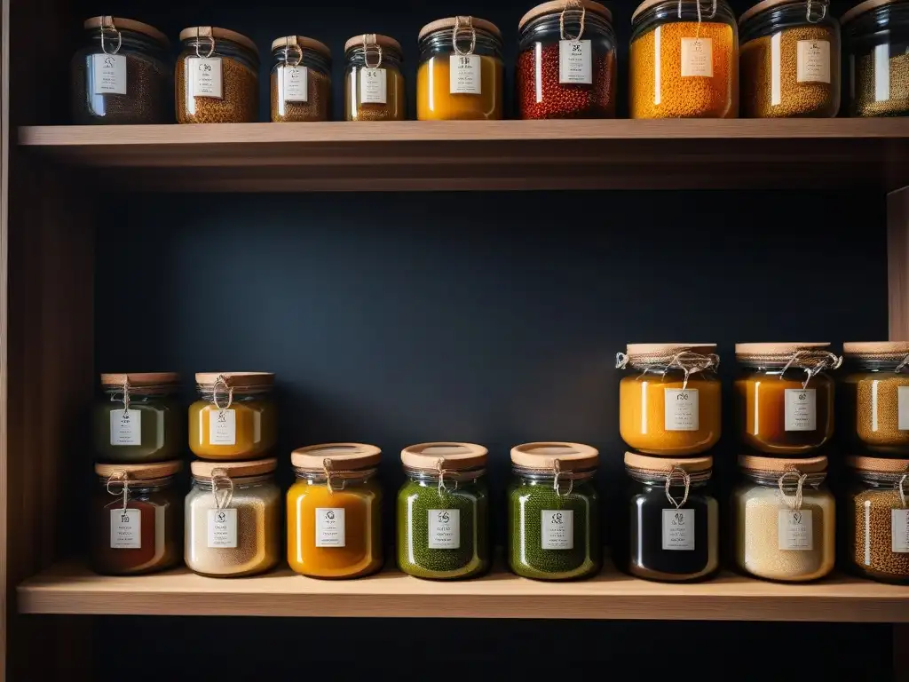 Elegante despensa de cocina con tarros de pasta de miso en tonos y tamaños diferentes, resaltando la fermentación japonesa