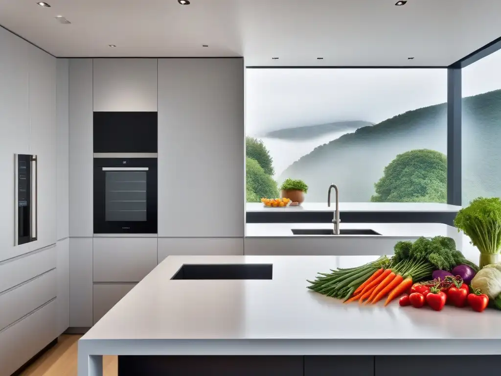 Un elegante escenario de cocina con verduras frescas, electrodomésticos modernos y luz natural