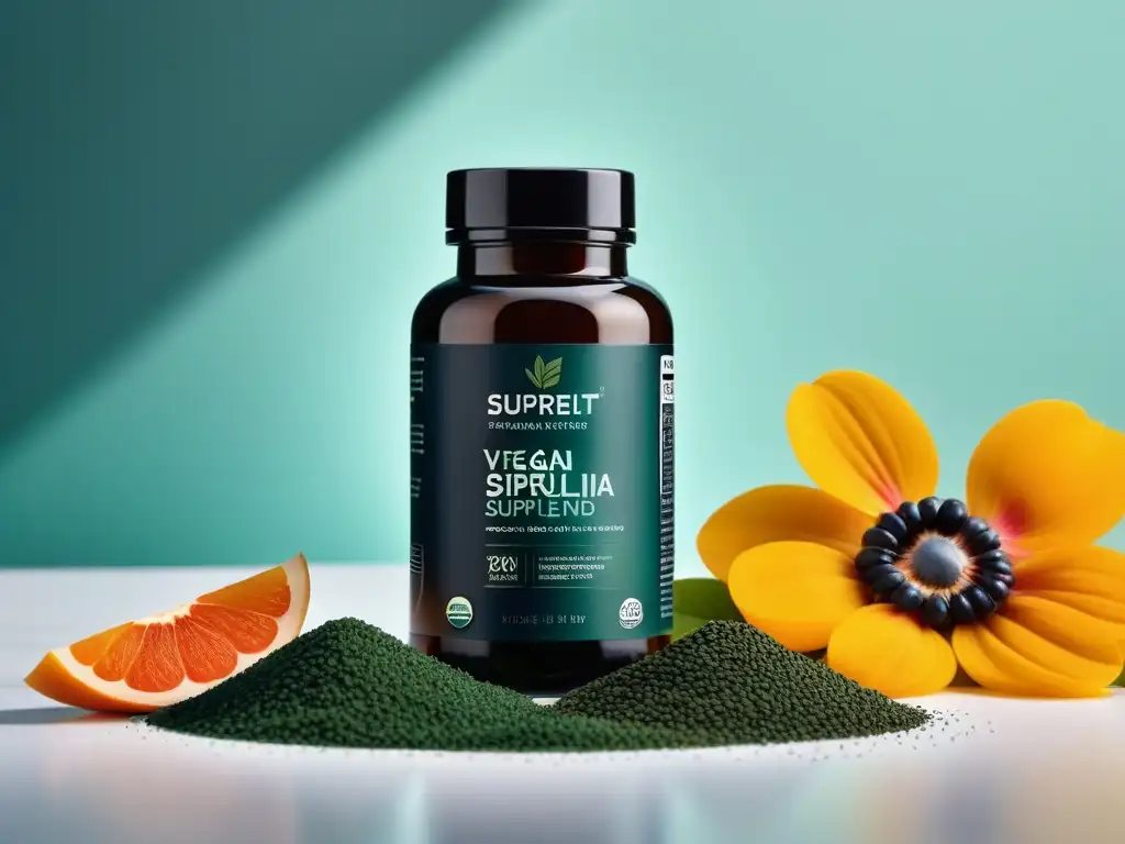 Un elegante frasco de suplementos veganos de alta gama rodeado de superalimentos vibrantes como espirulina, semillas de chía y bayas de açaí