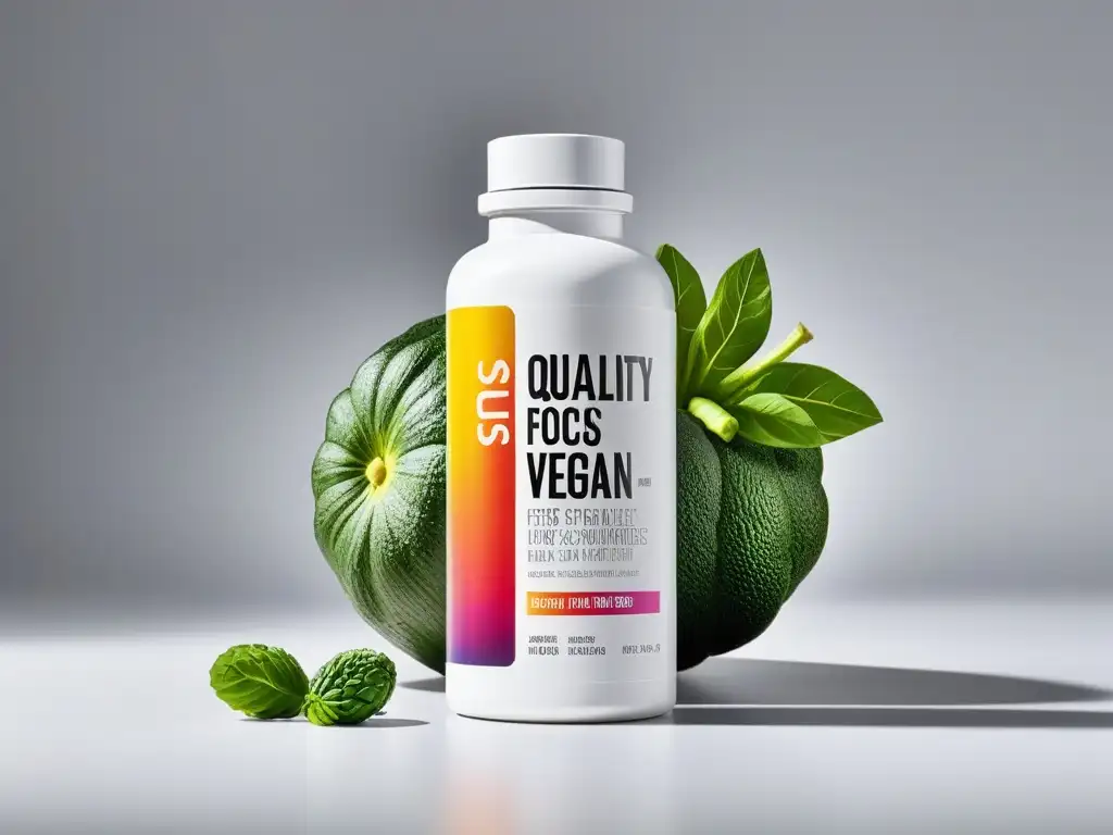 Un elegante frasco de suplementos veganos de alta gama rodeado de frutas y verduras frescas