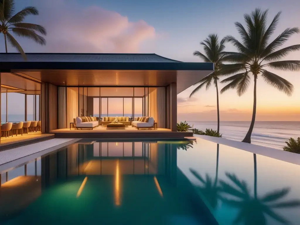 Elegante hotel vegano frente al mar con diseño moderno y vistas al atardecer dorado sobre el océano tranquilo