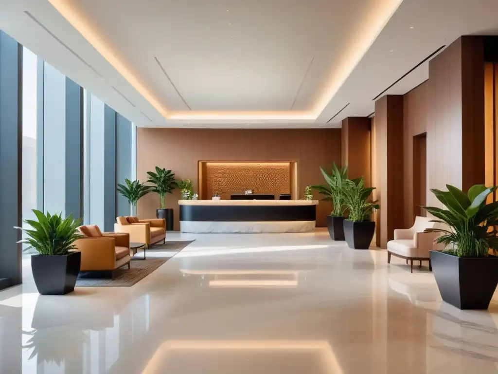 Un elegante lobby de hotel con diseño minimalista, asientos veganos y luz natural