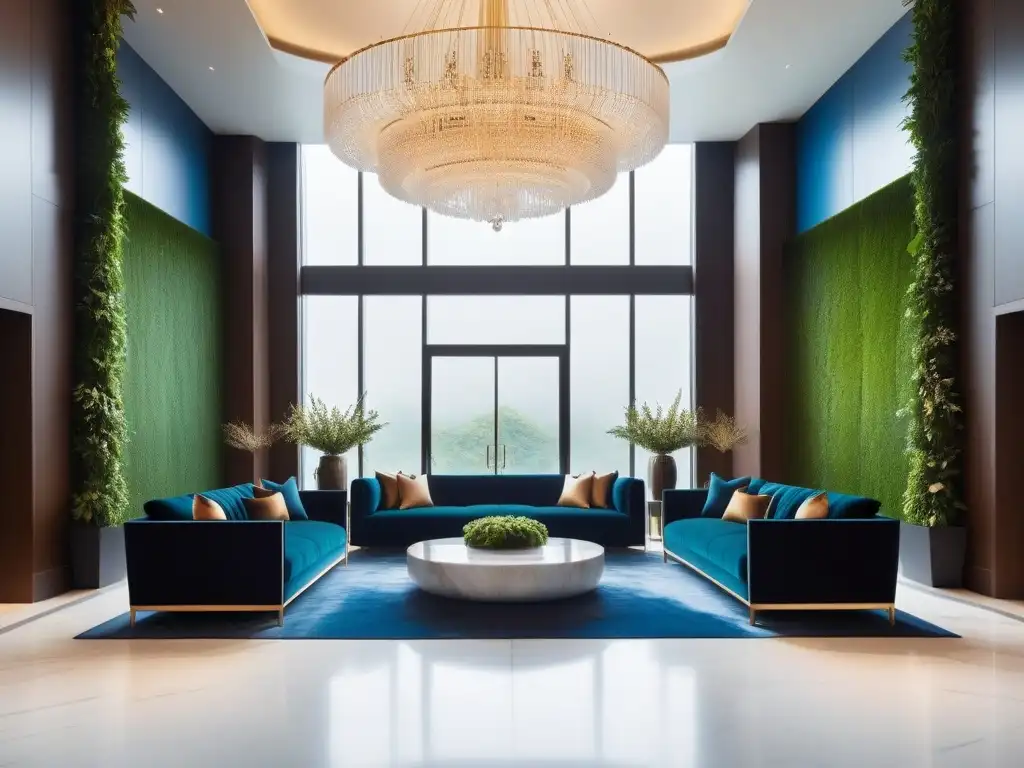 Un elegante lobby de hotel moderno con diseño minimalista, sofás de terciopelo en tonos joya, candelabro y jardín vertical exuberante