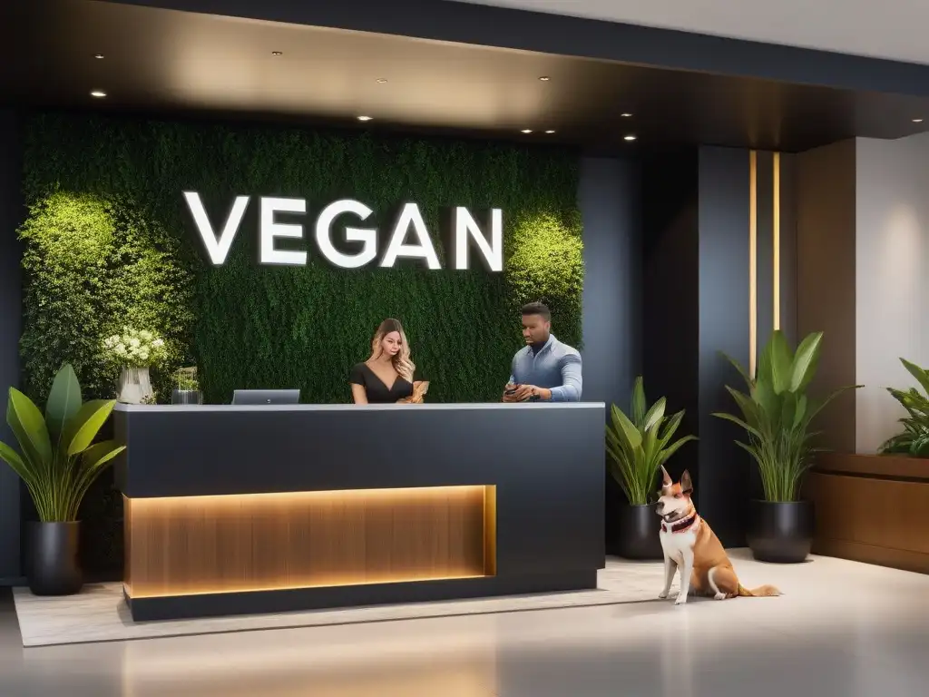 Un elegante lobby de hotel con señal 'PetFriendly Vegan Hotel', muebles de piel vegana y estación de agua para mascotas