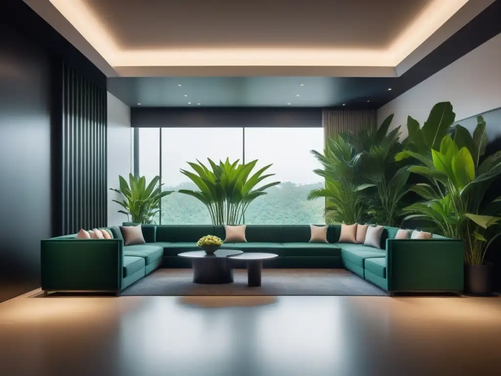 Un elegante lobby de hotel vegano en ciudad cosmopolita con diseño minimalista, mobiliario vegano y plantas verdes