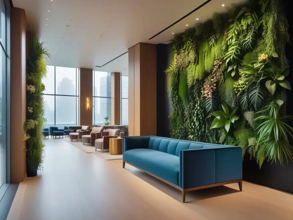 Un elegante lobby de hotel con jardín vertical, muebles minimalistas eco y detalles veganos