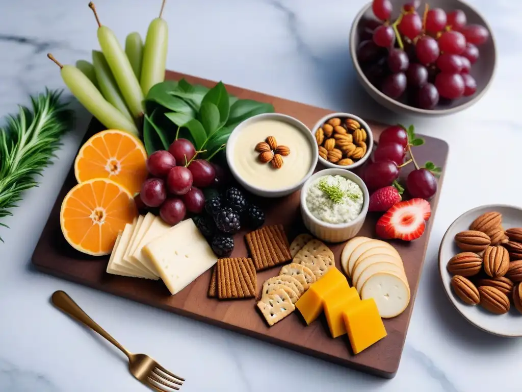 Un elegante menú vegano con quesos, frutas, nueces y dips, sobre mármol y plantas verdes