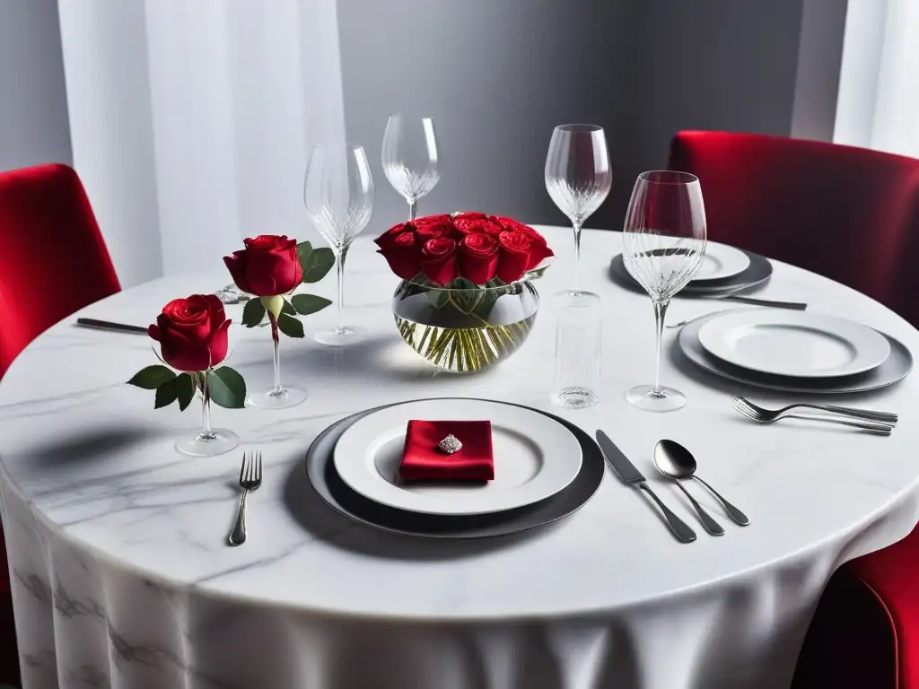 Una elegante mesa decorada para dos en mármol, con vajilla blanca, cristalería brillante, cubiertos de plata y rosas rojas en un jarrón de cristal