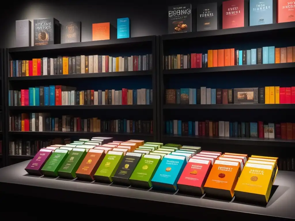 Una elegante y moderna exhibición de libros de cocina vegana para principiantes, con diseños vibrantes y atractivas portadas, iluminados suavemente