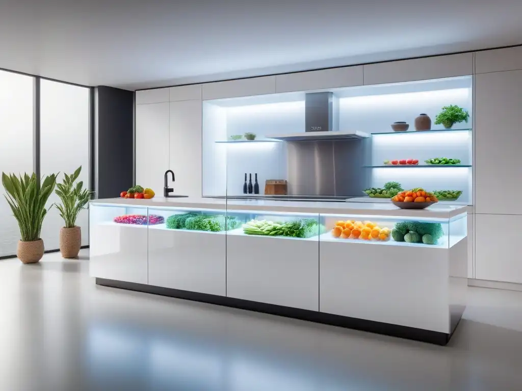 Un elegante y moderno ambiente de cocina con ingredientes veganos congelados, organizados y brillantes bajo luces LED