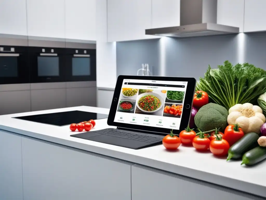 Un elegante y moderno diseño de cocina con vegetales frescos y una tablet mostrando una plataforma online cocina vegana