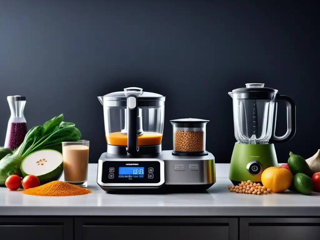 Un elegante y moderno mostrador de cocina con gadgets veganos de alta tecnología