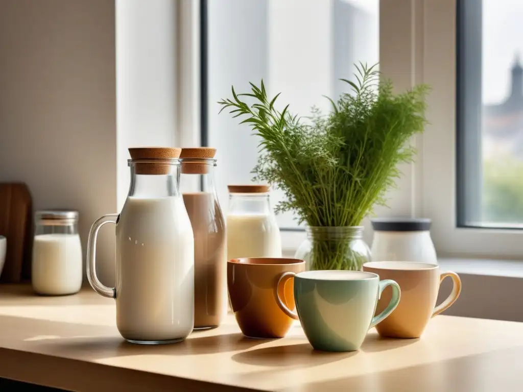 Un elegante mostrador de cocina con alternativas veganas a la leche en botellas de vidrio, junto a tazas de cerámica y hierbas frescas