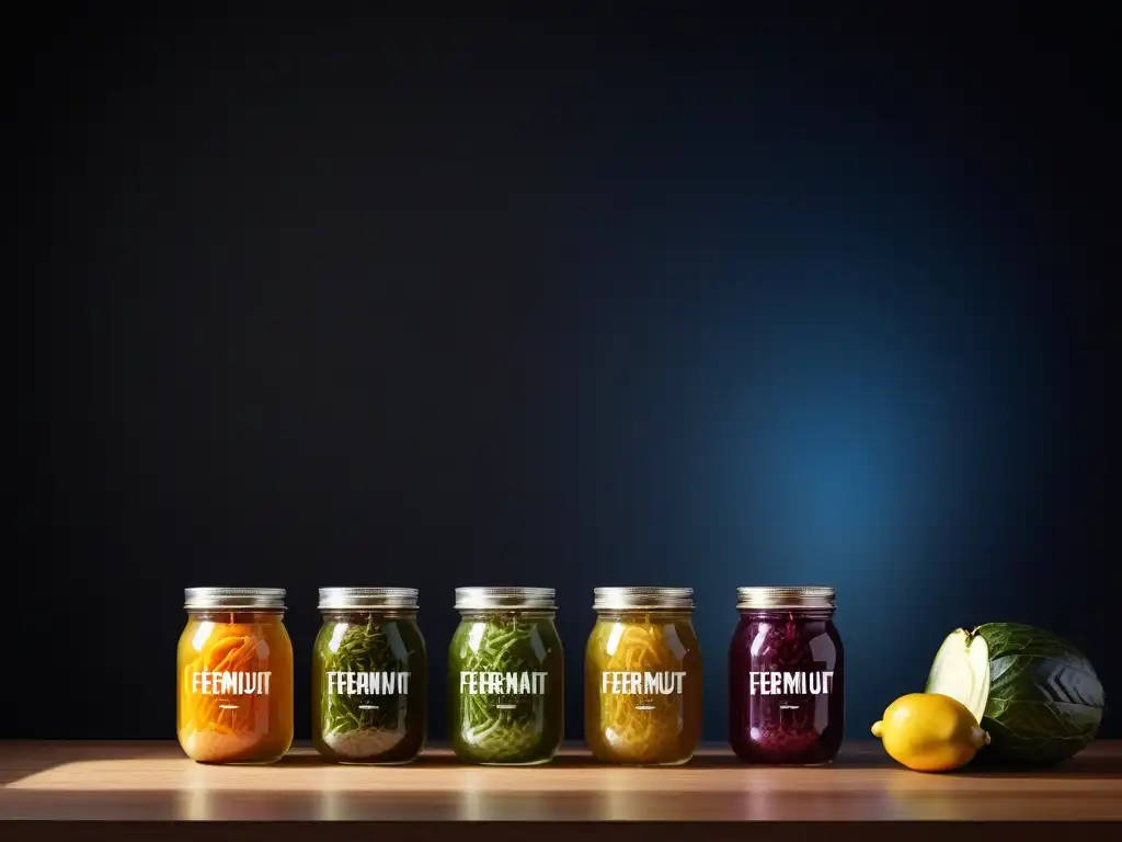 Un elegante mostrador de cocina con frascos de sauerkraut vegano fermentando bajo luces LED