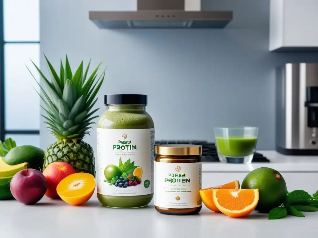 Un elegante mostrador de cocina con suplementos veganos de alta calidad, jugo verde y frutas variadas en envases minimalistas