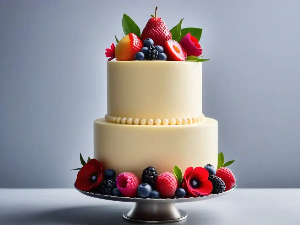 Elegante pastelería vegana para eventos con torta de bodas decorada con flores y frutas frescas