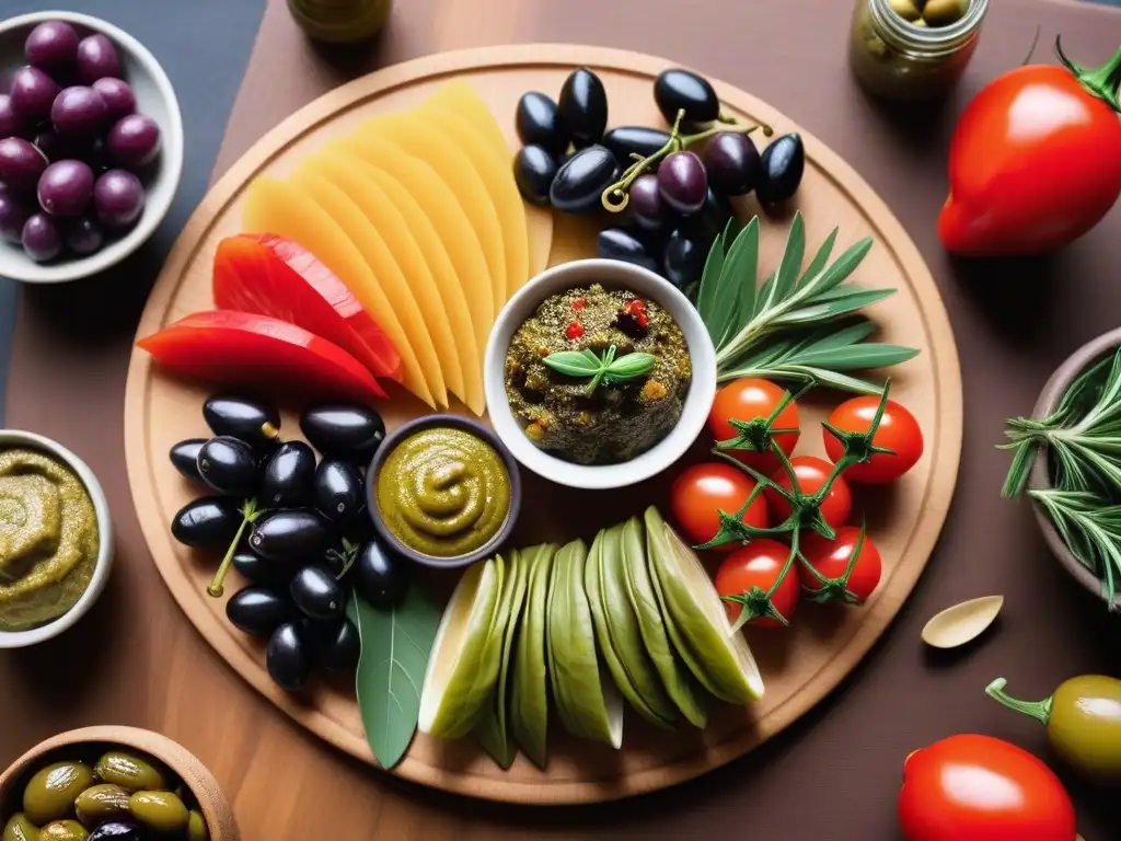 Un elegante plato vegano mediterráneo con aceitunas, lleno de color y texturas, perfecto para inspirar recetas veganas mediterráneas con aceitunas