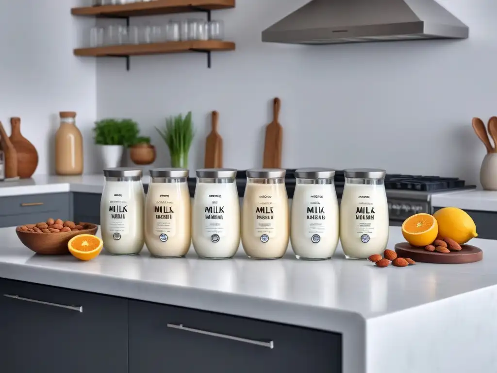 Una elegante selección de alternativas veganas a la leche en moderno menaje de cocina