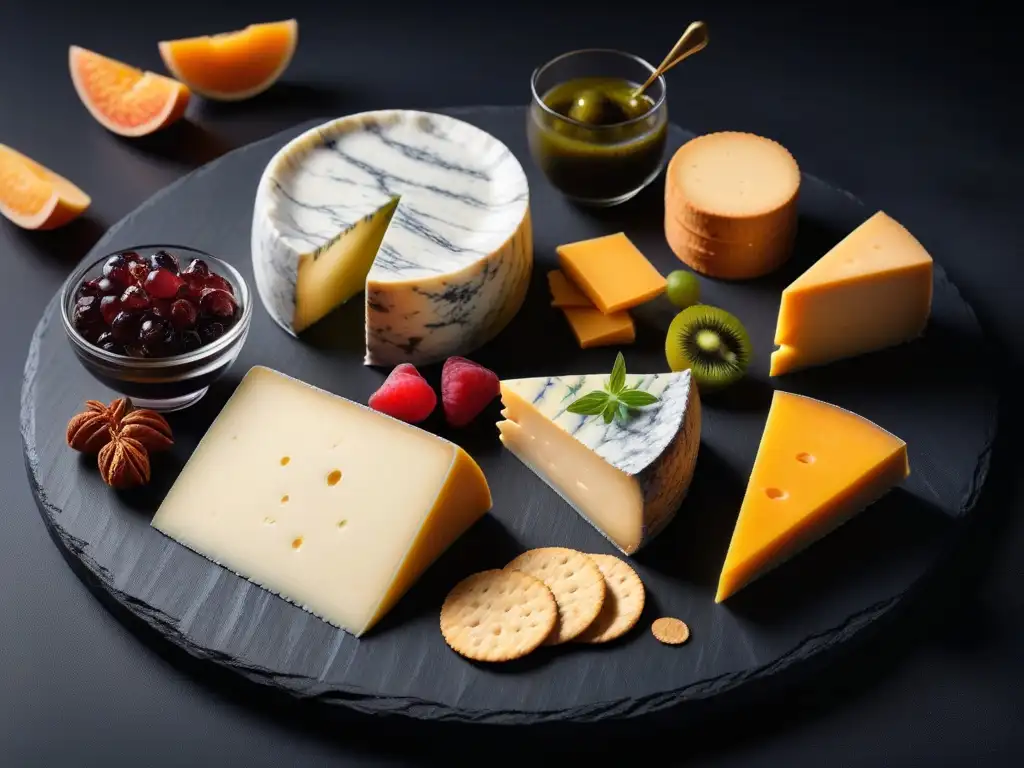 Una elegante selección de quesos veganos fermentados sin lácteos, con variadas texturas y colores, presentados con exquisitez en una tabla de pizarra