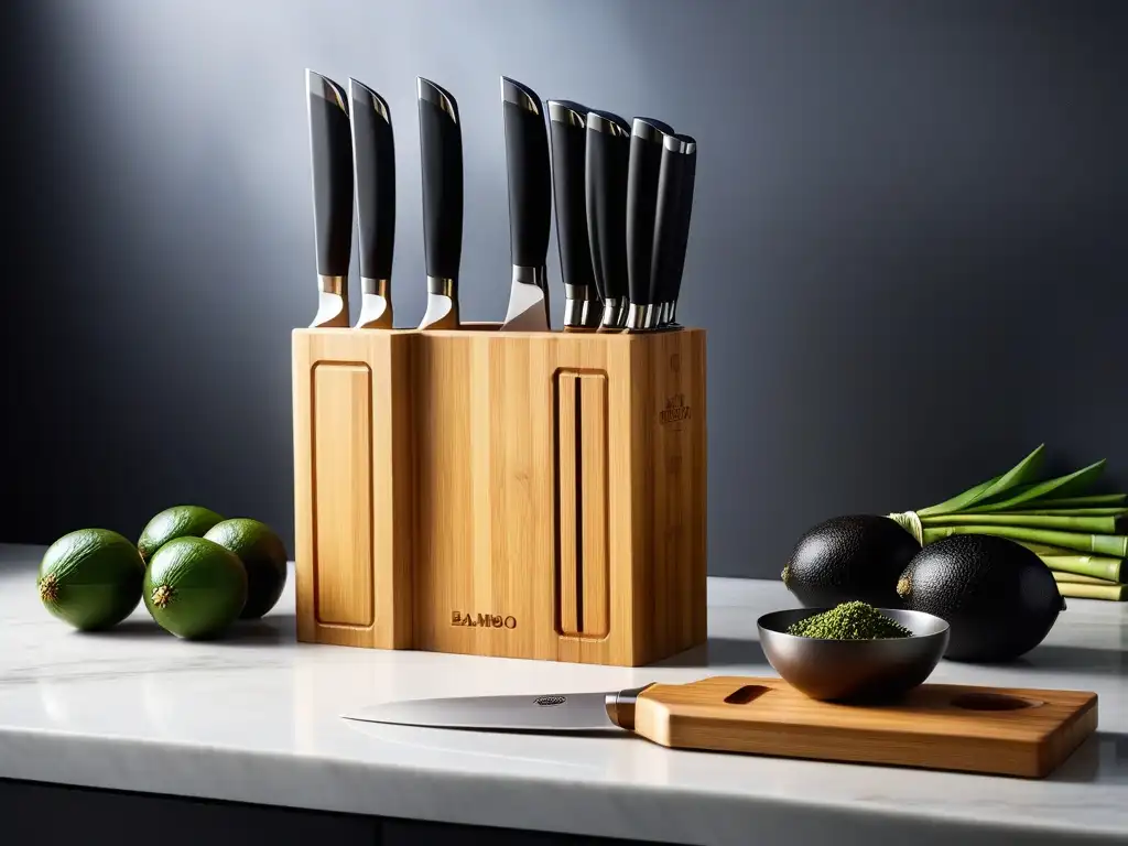 Un elegante set de bloques de cuchillos de chef vegano en bambú sostenible, con accesorios complementarios