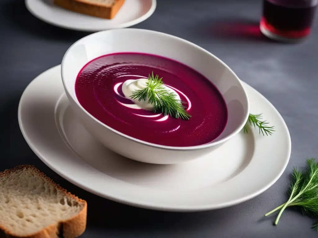 Deléitate con una elegante sopa de borscht vegana, con tonos púrpuras vibrantes y crema de anacardos, en un entorno culinario europeo este