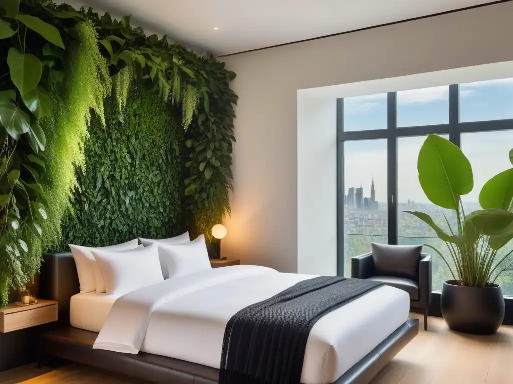 Elegante suite de hotel ecofriendly con jardín vegano, diseño sostenible y muebles de cuero vegano