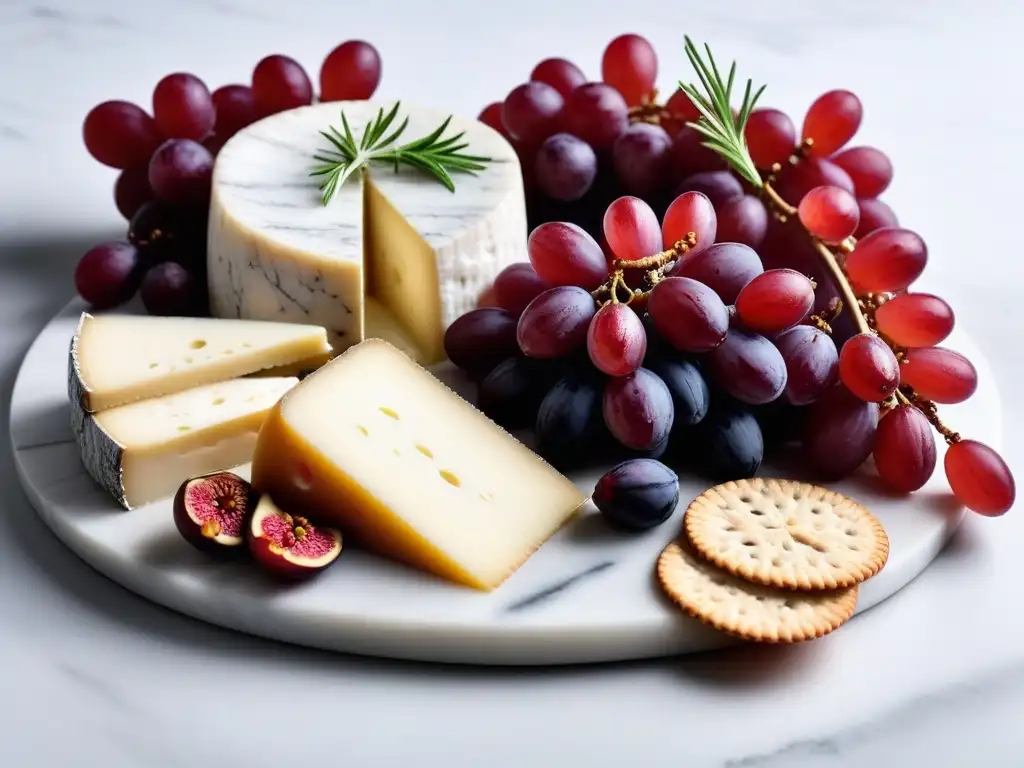 Una elegante tabla de queso de mármol blanco con Queso Havarti Vegano cremoso, uvas rojas, higos maduros, galletas artesanales y romero fresco