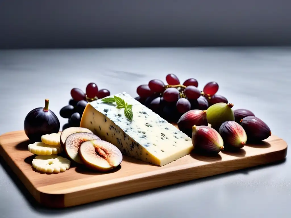 Una elegante tabla de queso Roquefort vegano con uvas y higos, iluminación natural