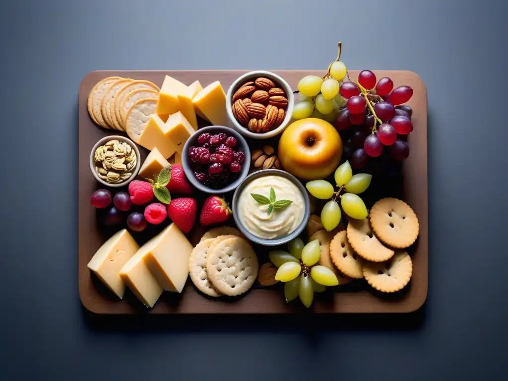 Un elegante tablero de alimentos con variedad de quesos cheddar vegano alternativos, frutas coloridas y nueces, destacado con luz natural