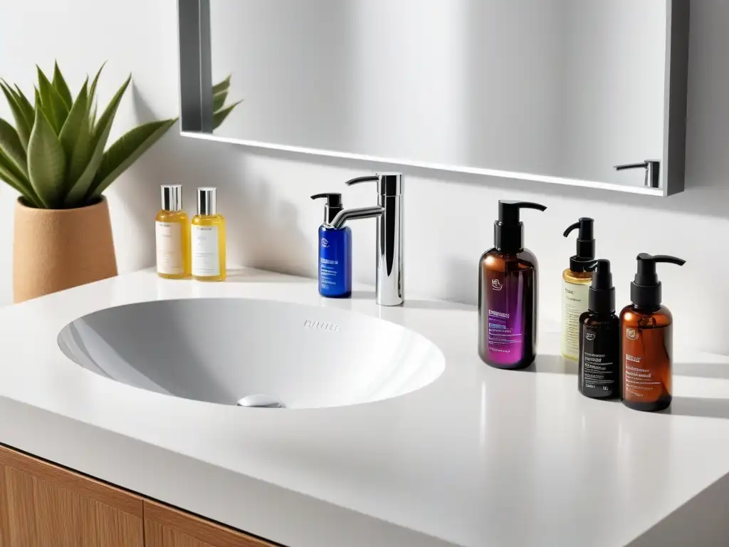 Un elegante tocador de baño con maquillaje vegano para cuidado piel en envases coloridos y ecoamigables, iluminado naturalmente