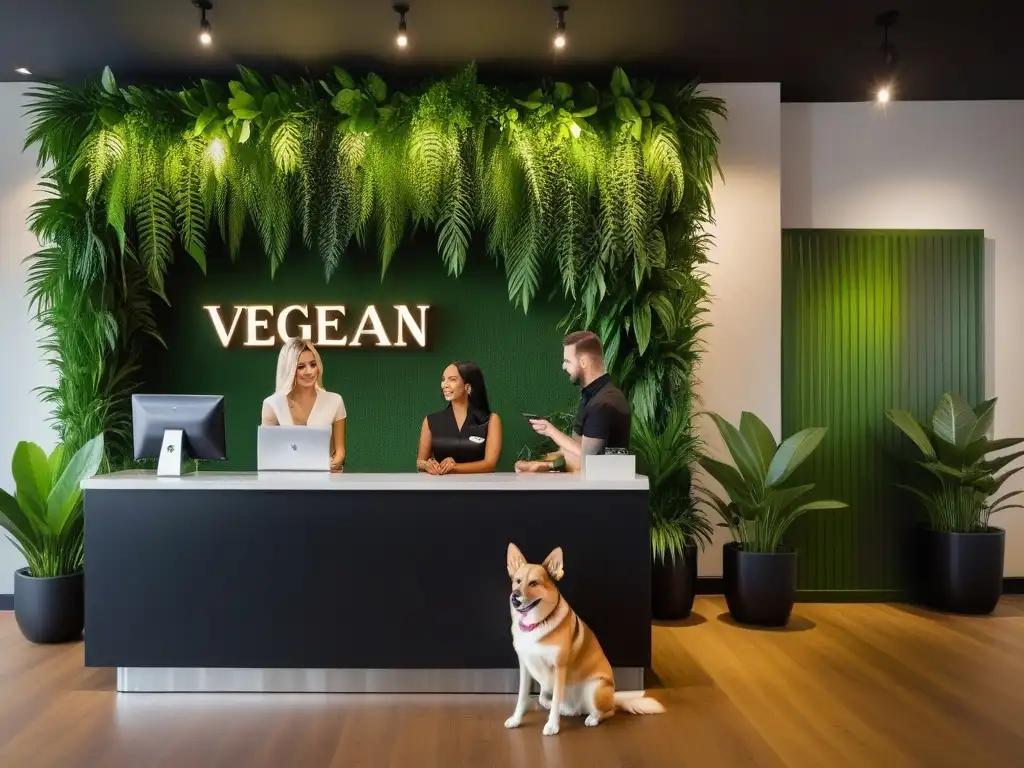 Un elegante vestíbulo de hotel vegano pet friendly, con un mostrador moderno y un perro adorable, en tonos terrosos y verdes