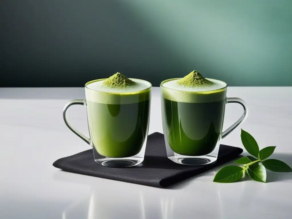 Dos elegantes matcha lattes en tazas de vidrio, uno premium vibrante y espumoso, el otro regular menos intenso