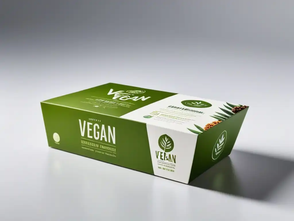 Embalaje vegano moderno en tonos verdes y tierra, con diseño elegante y sutil motivo de hoja