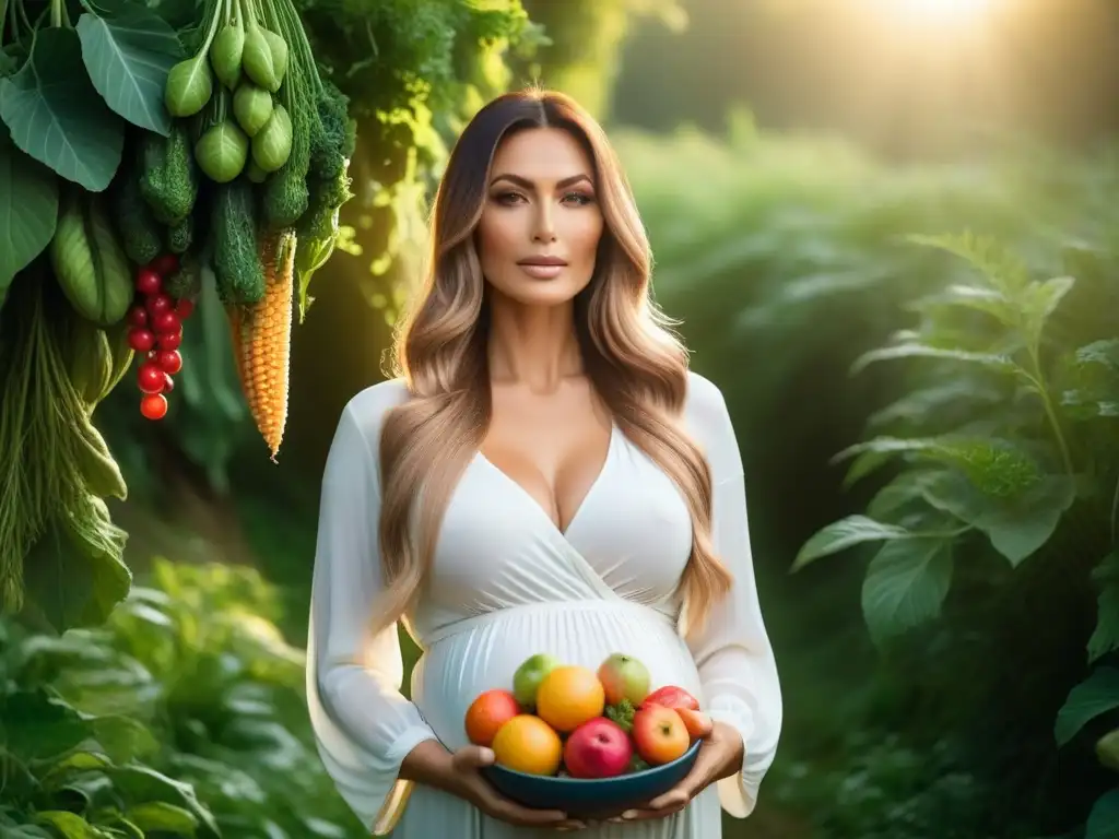 Una embarazada radiante y serena sostiene frutas y verduras rodeada de naturaleza, simbolizando nutrición durante embarazo vegano