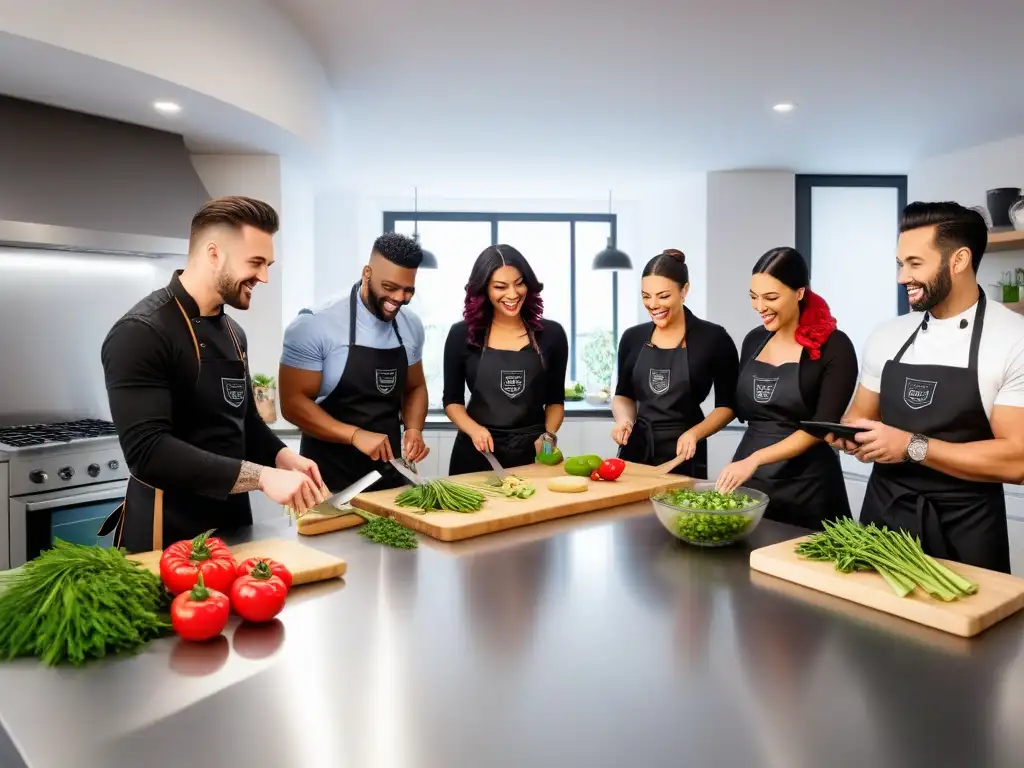 Un emocionante curso online de cocina vegana fusion con estudiantes entusiastas creando platos innovadores en un estudio de cocina contemporáneo