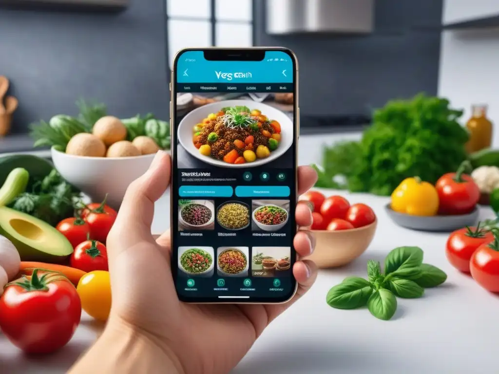 Un emocionante ilustración digital muestra personas usando apps veganas innovadoras en una cocina futurista