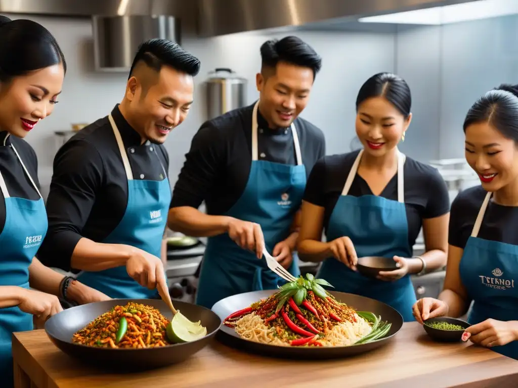 Un emocionante taller de cocina tailandesa vegana con participantes diversos preparando platos coloridos bajo la guía de un chef