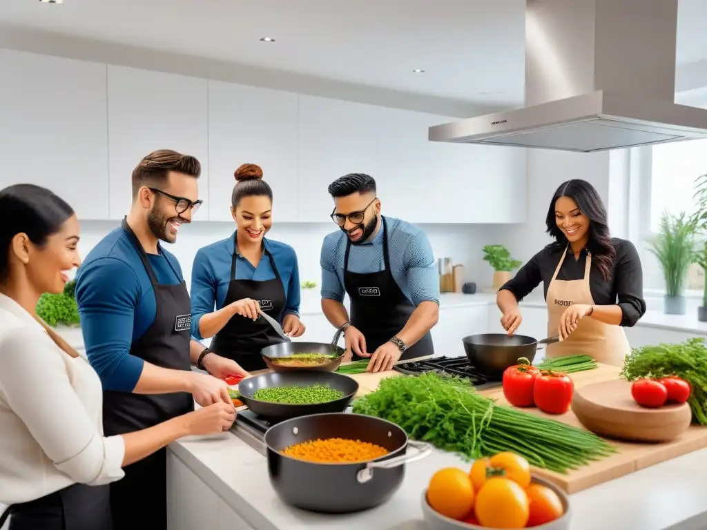 Un emocionante taller de cocina vegana online con participantes preparando coloridos platos saludables en sus cocinas