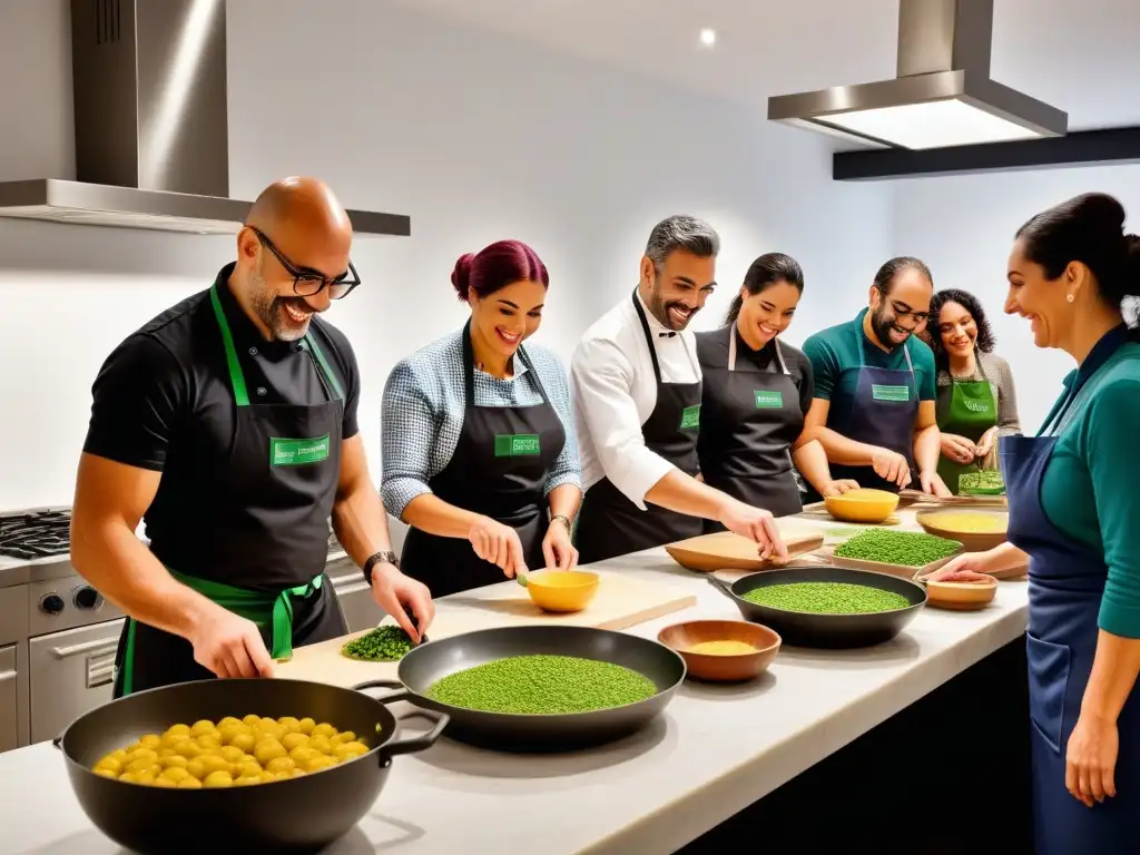 Un emocionante taller de cocina vegana portuguesa con participantes felices preparando platos tradicionales en una cocina moderna