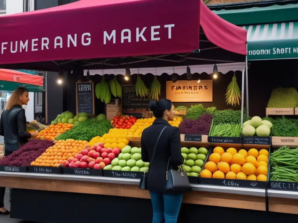 Emprendedor vegano en un mercado tradicional, ofreciendo productos frescos y vibrantes en un ambiente comunitario y energético