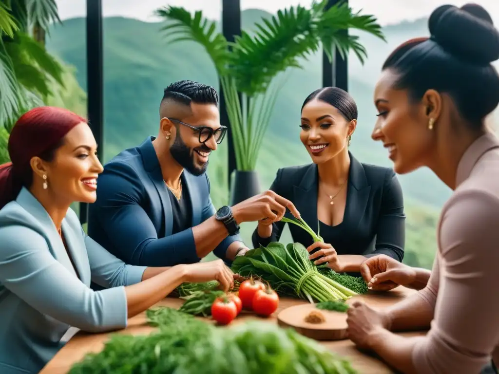 Emprendedores veganos de éxito en pequeñas comunidades colaborando y compartiendo ideas alrededor de una mesa, rodeados de productos vegetales y envases sostenibles, en un entorno de vegetación exuberante que simboliza crecimiento y apoyo comunitario