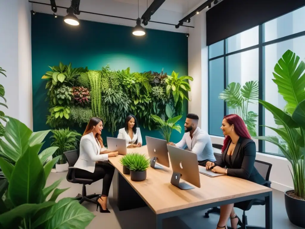 Emprendedores veganos exitosos y sostenibles colaborando en un espacio de coworking moderno y luminoso, lleno de plantas verdes exuberantes