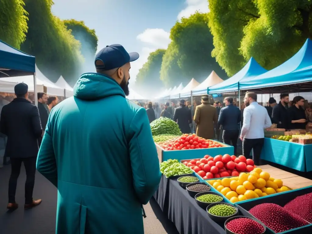 Emprendimientos veganos éxito inspiración: Mercado vegano vibrante con emprendedores innovadores y coloridos productos