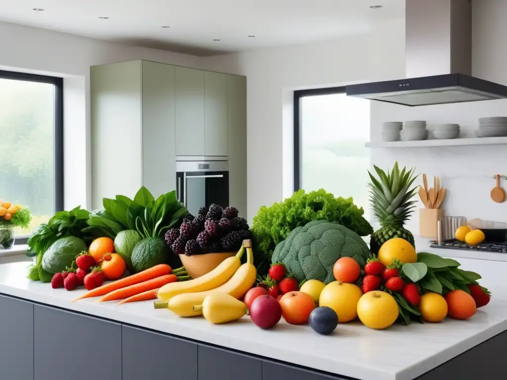 Una encantadora cocina llena de frutas y verduras coloridas en un patrón de arcoíris